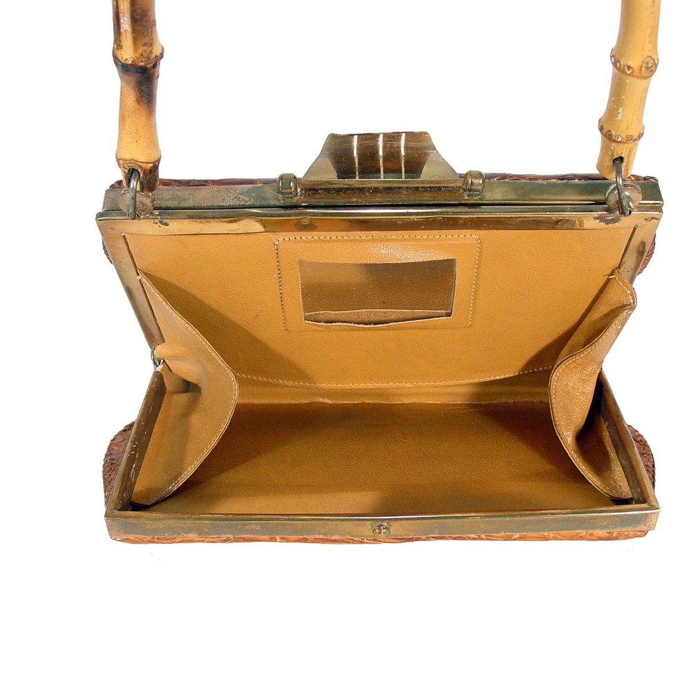 VINTAGE ALLIGATOR 40's 50's Bamboo Handle Kisslock Hardframe Mini Bag - Picture 10 of 12